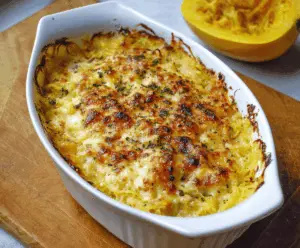 Creamy Spaghetti Squash Au Gratin baked with melted cheese and golden topping, perfect for a healthy comfort food recipe.