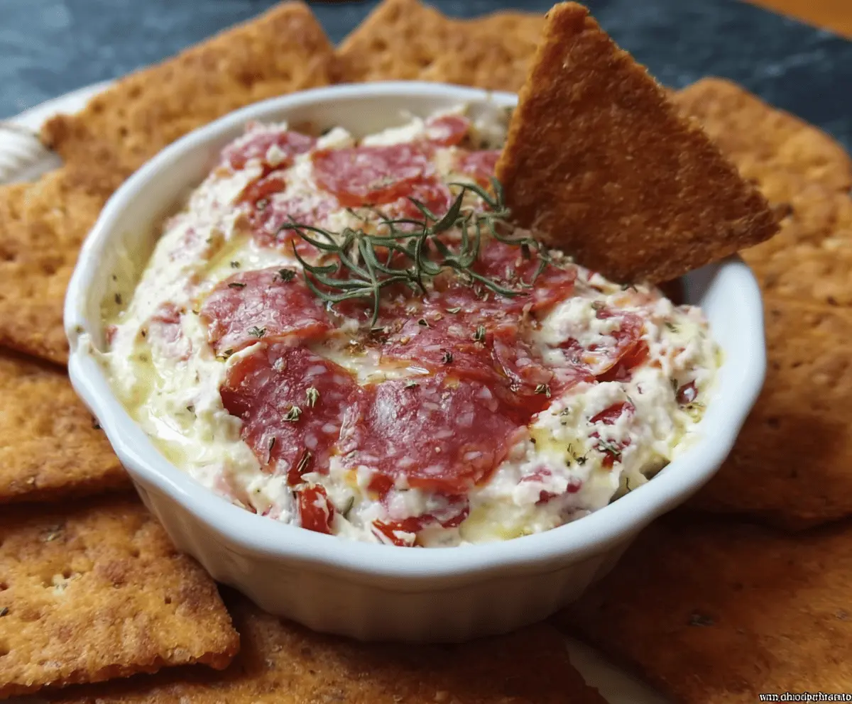 Creamy stuffed salami dip garnished with fresh herbs, perfect for parties and snacks