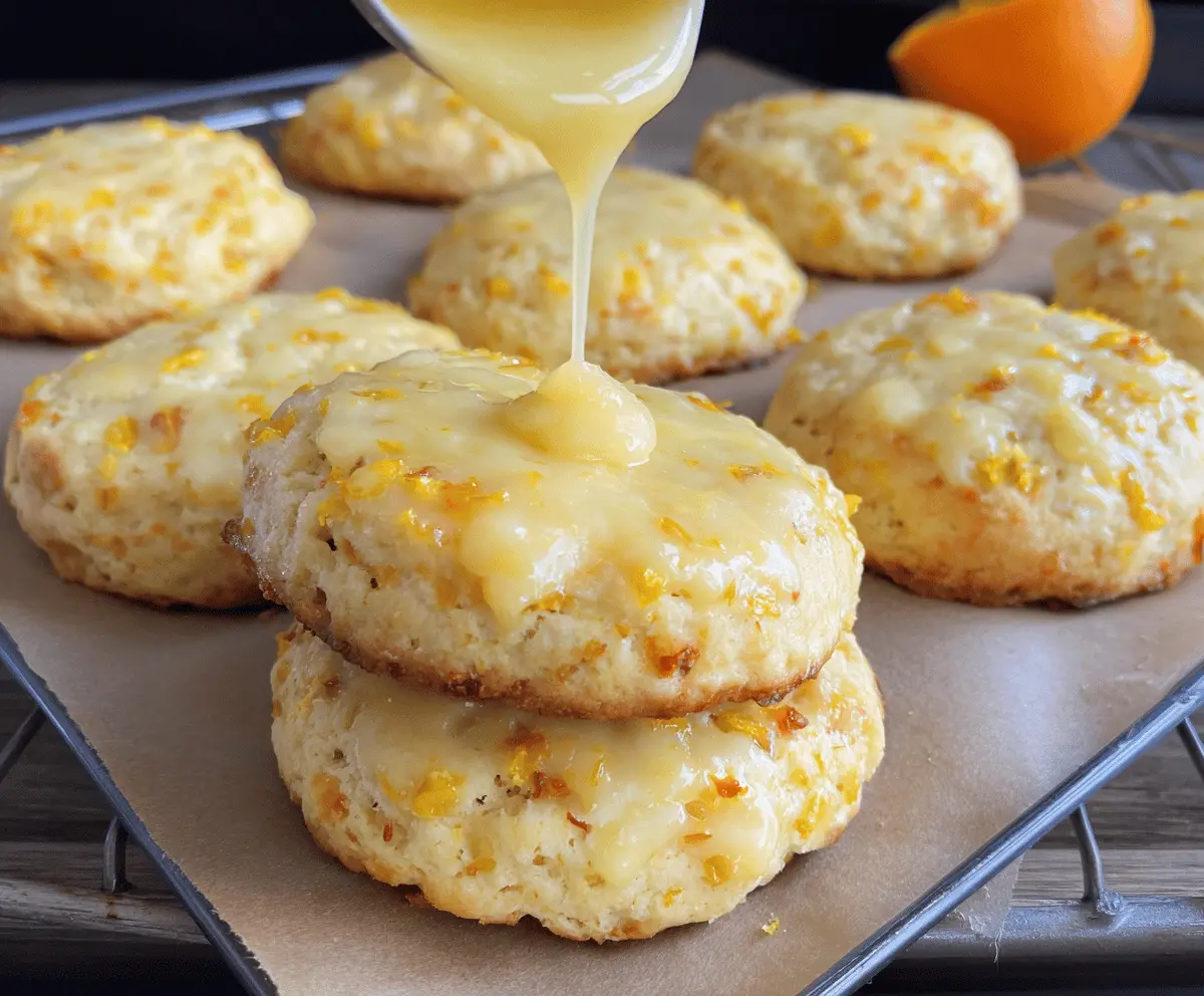 Golden-brown bakery-size orange scone cookies with a flaky, buttery texture and a hint of citrus zest on a rustic wooden surface.