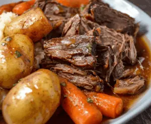 Delicious three packet slow cooker roast with vegetables and herbs in a crockpot, perfect for a hearty and easy dinner