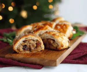 Golden turkey and cranberry sausage rolls fresh out of the oven, featuring flaky pastry and savory filling with vibrant cranberry accents.
