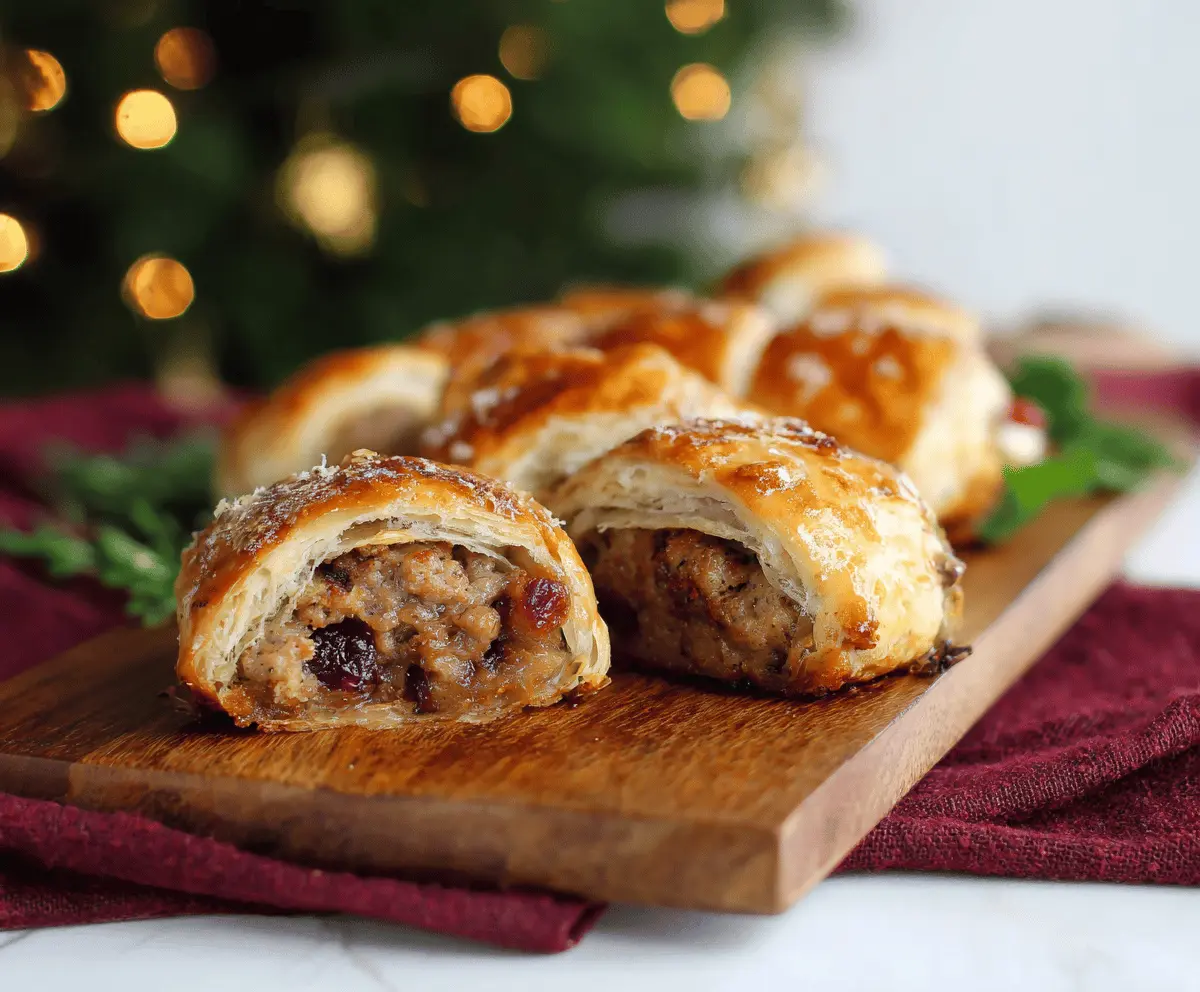 Golden turkey and cranberry sausage rolls fresh out of the oven, featuring flaky pastry and savory filling with vibrant cranberry accents.