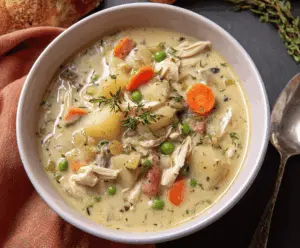 Creamy turkey pot pie soup in a bowl topped with flaky pastry crust and fresh herbs, served with a side of crusty bread.