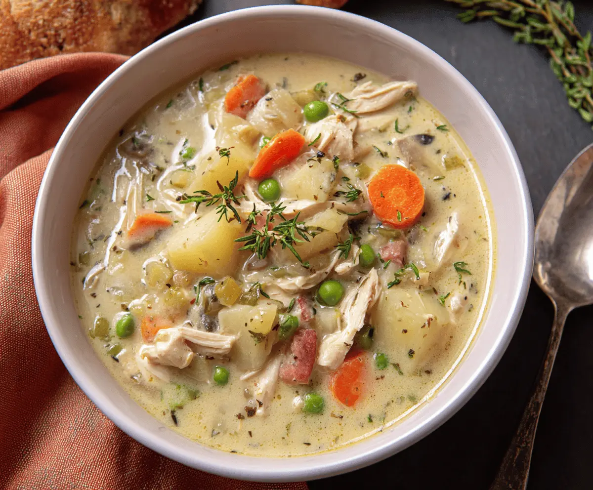 Creamy turkey pot pie soup in a bowl topped with flaky pastry crust and fresh herbs, served with a side of crusty bread.