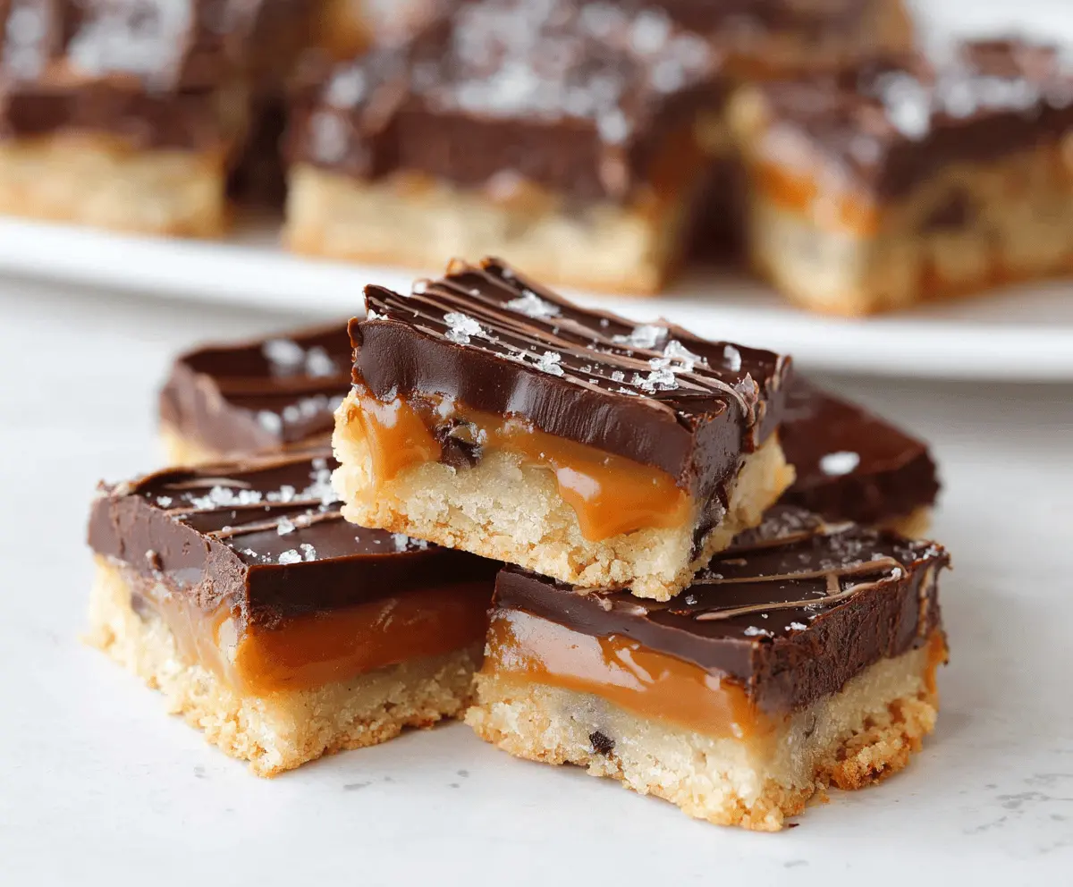 Delicious homemade Twix Cookie Bars with a crunchy cookie base, caramel layer, and smooth chocolate topping on a white plate