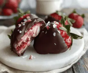 Vegan chocolate-covered strawberry on a white plate, garnished with a drizzle of dark chocolate, perfect for a dairy-free, sweet treat