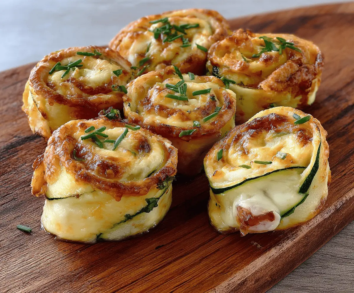 Delicious zucchini and cheese roll-ups on a white plate, featuring fresh zucchini slices filled with melted cheese, garnished with herbs, perfect for a healthy appetizer or snack.