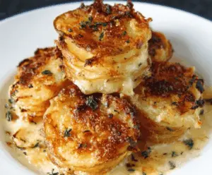 Creamy Au Gratin Potato Stacks baked to golden perfection, garnished with herbs.