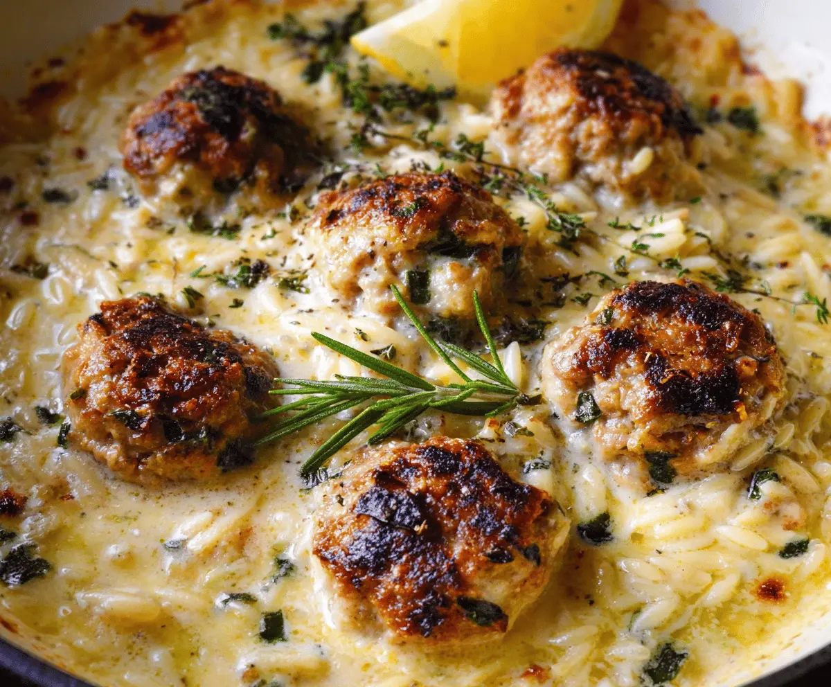 Baked Lemon Rosemary Chicken Meatballs and Creamy Orzo