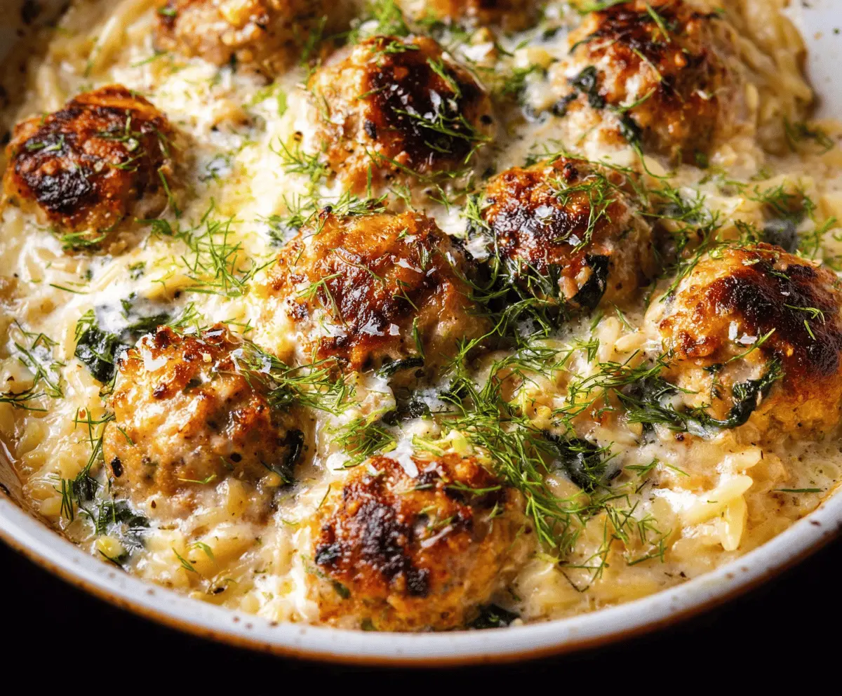 Delicious baked lemon rosemary chicken meatballs served alongside creamy orzo pasta on a white plate.