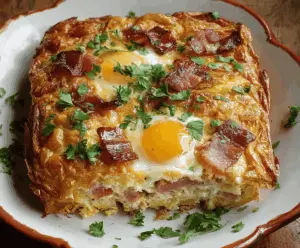 Delicious brunch bake with eggs, vegetables, and cheese served hot on a plate.