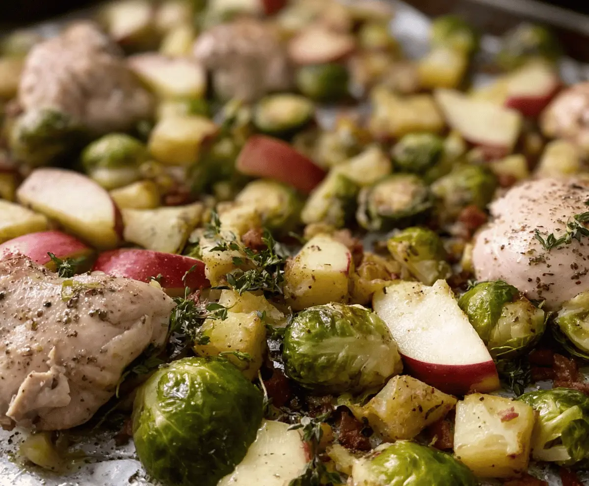 Roasted chicken, crisp apple slices, and Brussels sprouts on a sheet pan perfect for a healthy dinner.