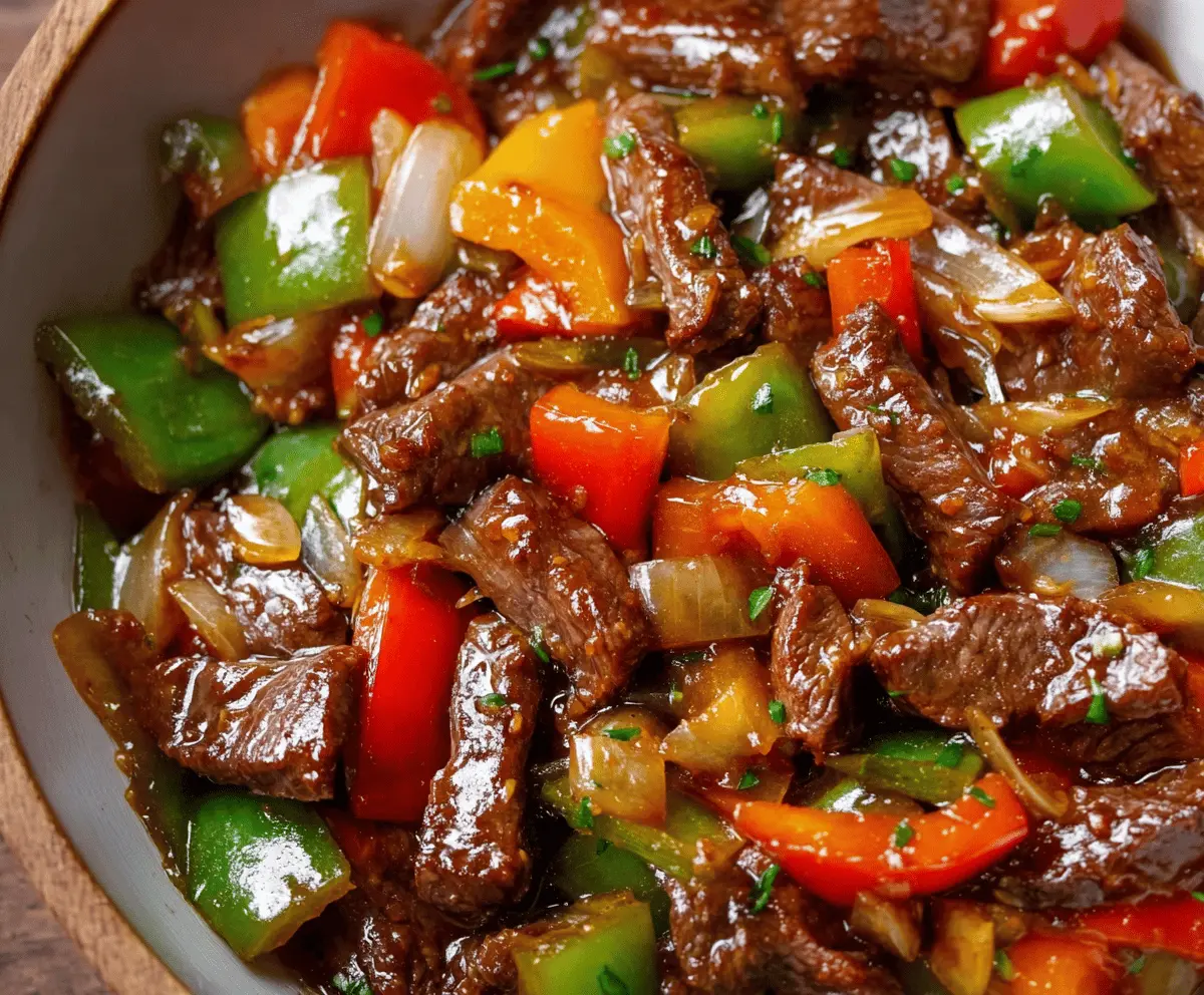 Delicious Chinese Pepper Steak served with colorful vegetables on a white plate.
