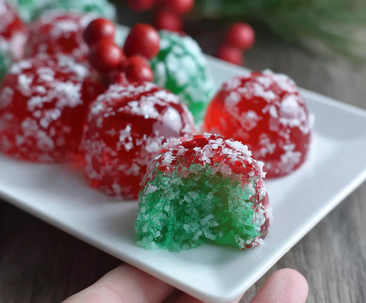 Colorful Christmas Jello Balls recipe with vibrant red, green, and white layers perfect for holiday celebrations.