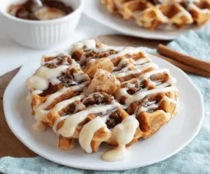 Delicious cinnamon roll waffles topped with cream cheese glaze, perfect for a sweet breakfast treat.