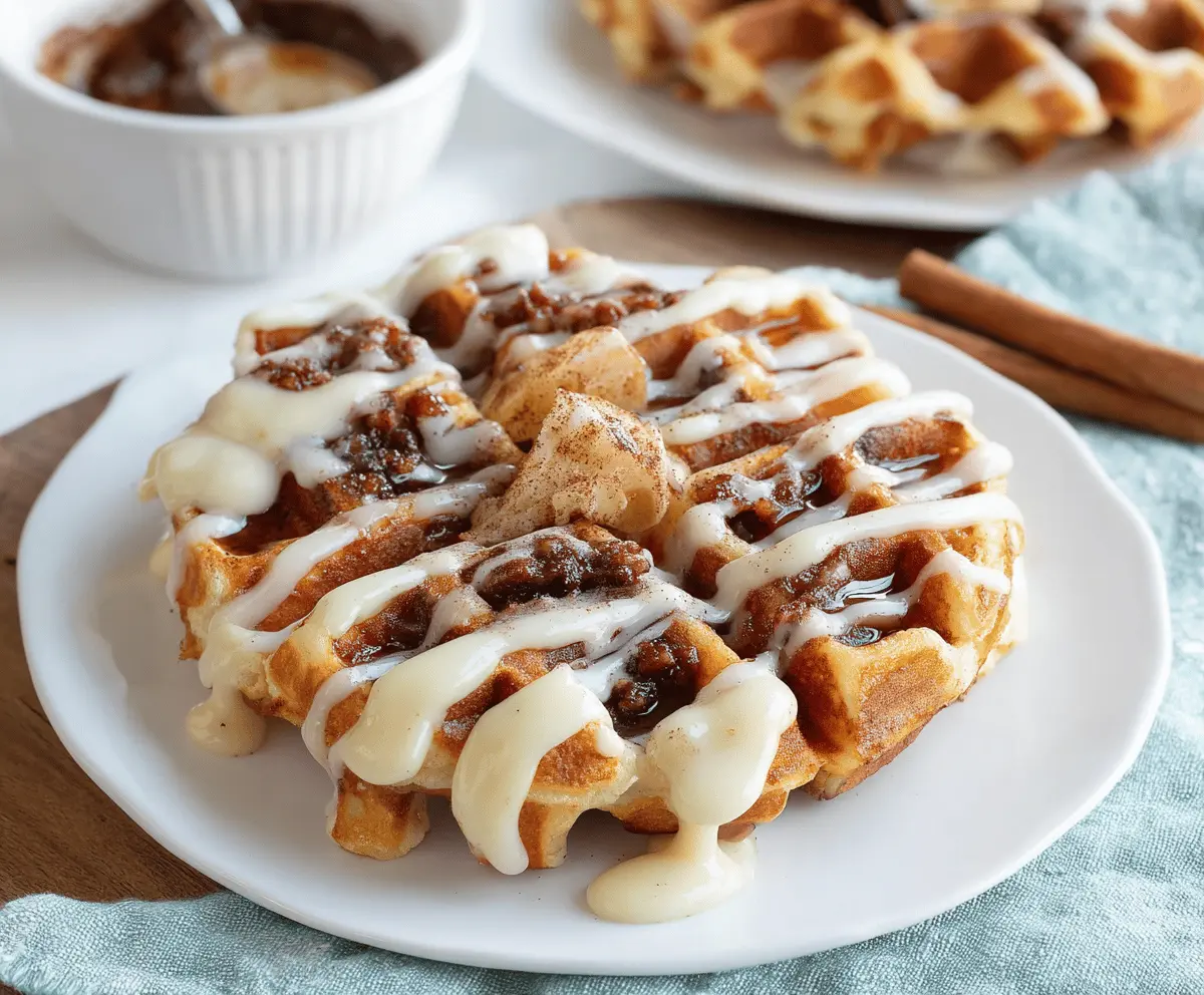 Delicious cinnamon roll waffles topped with cream cheese glaze, perfect for a sweet breakfast treat.