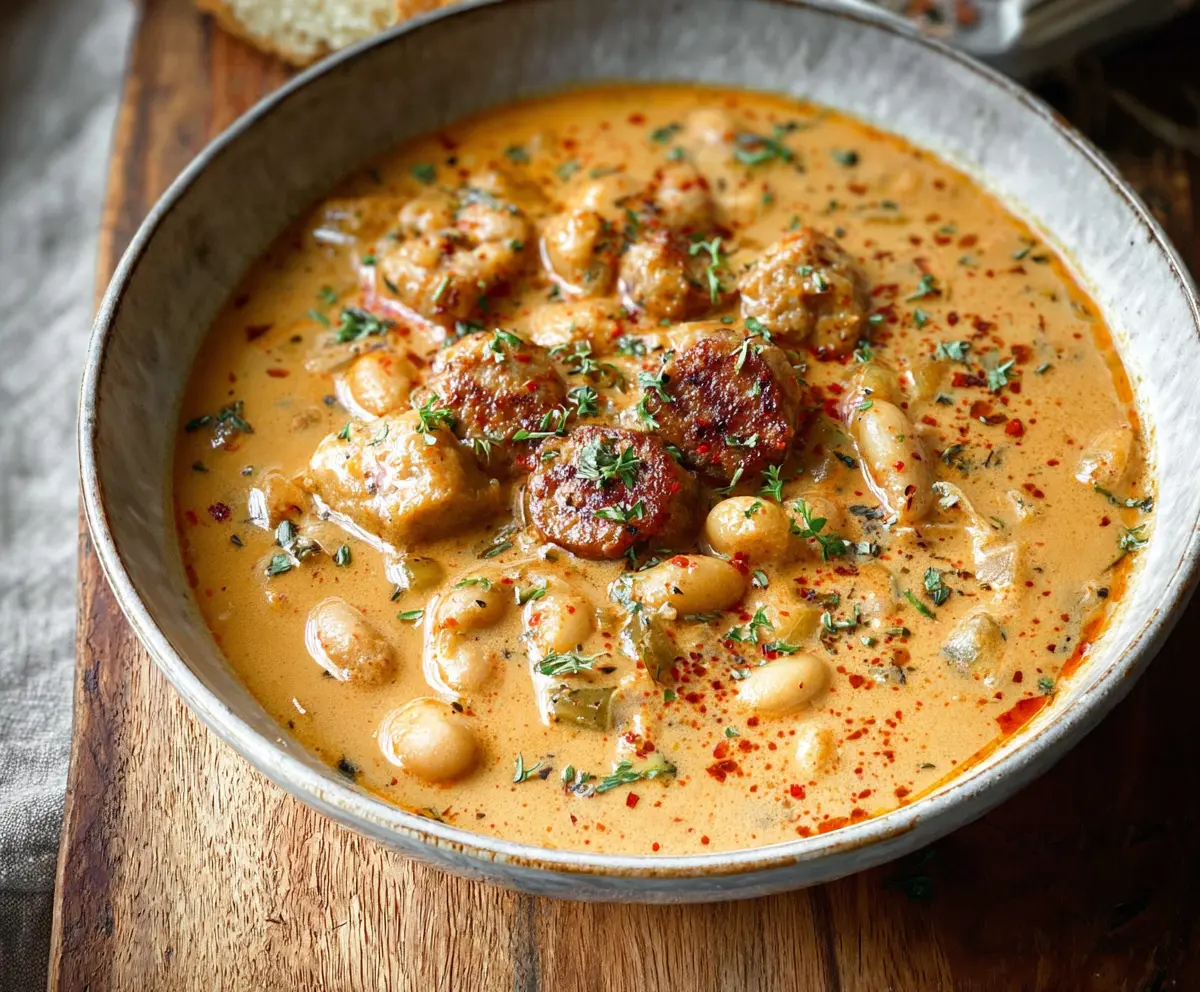 Delicious creamy bean soup with sausage served in a bowl, garnished with herbs.