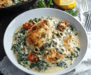 Delicious creamy Mediterranean chicken skillet garnished with herbs on a rustic plate