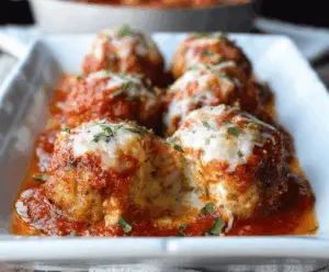 Delicious baked chicken parmesan meatballs served with marinara sauce on a plate.