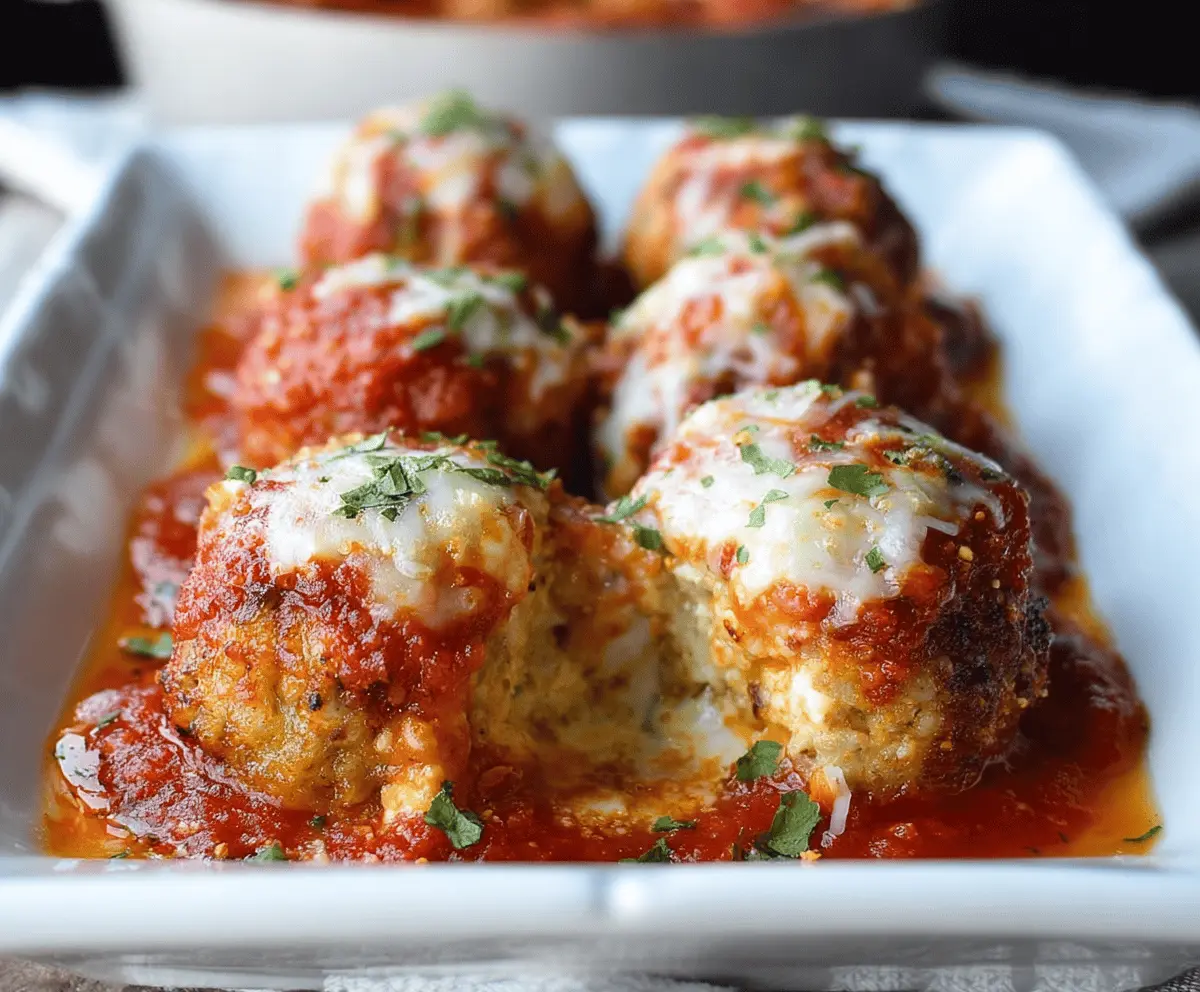 Delicious baked chicken parmesan meatballs served with marinara sauce on a plate.