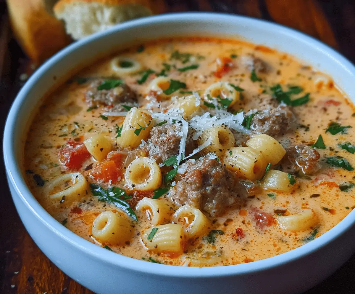 Hearty and creamy Italian sausage ditalini soup with Parmesan cheese in a bowl.