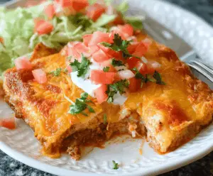 Delicious Easy Enchilada Casserole with melted cheese and savory fillings in a baking dish.