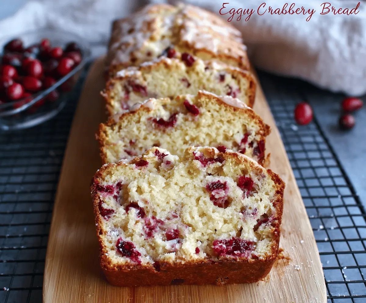 Delicious Eggnog Cranberry Bread topped with fresh cranberries and a dusting of powdered sugar.