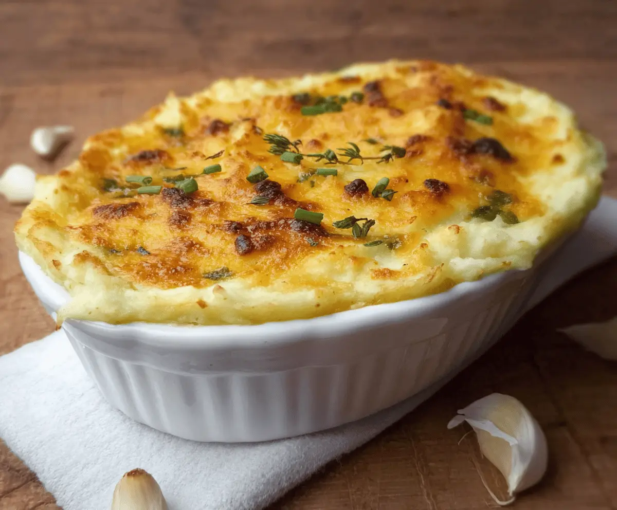 Creamy Garlic Mashed Potato Casserole topped with golden brown cheese and fresh herbs, perfect side dish for family dinners.