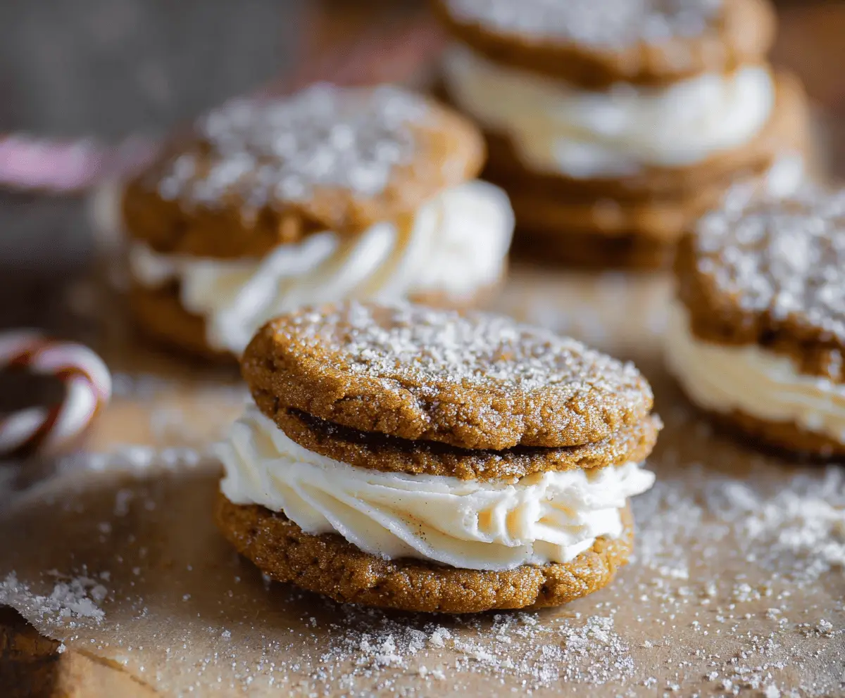 Delicious Ginger Molasses Sandwich Cookies with Creamy Buttercream Frosting on a plate