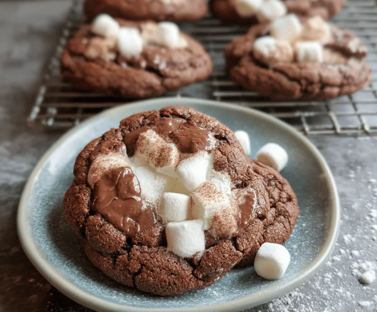 Delicious hot chocolate cookies with melted chocolate and festive topping.