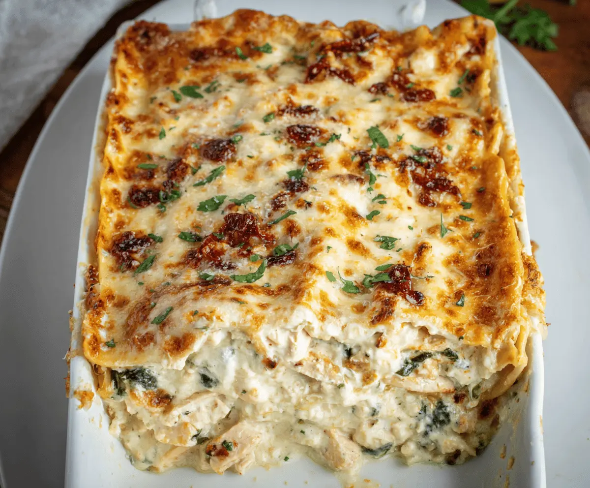 Delicious Marry Me Chicken Lasagna layered with melted cheese and savory chicken, perfect for family dinners.