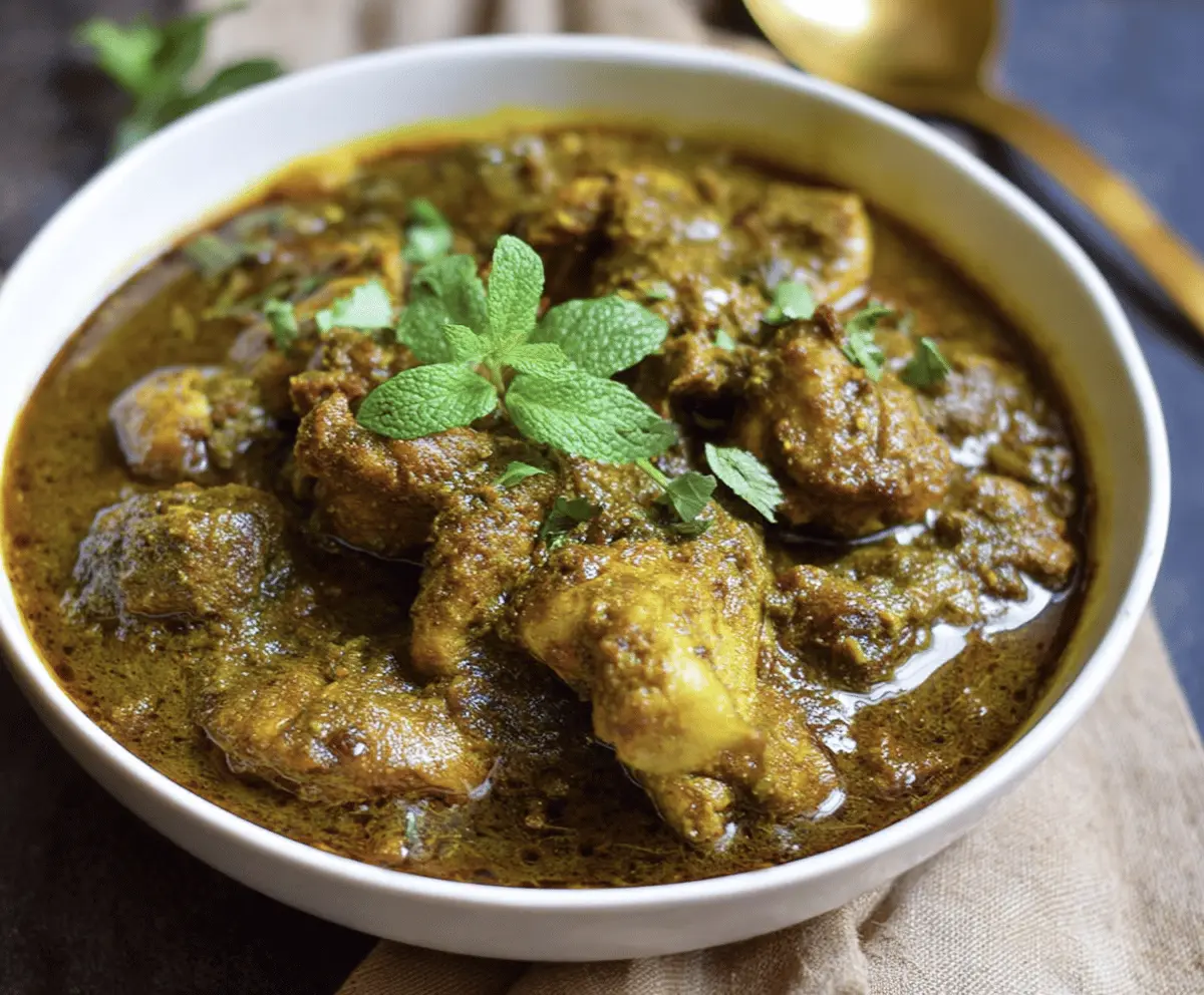 Delicious Mint Chicken Curry (Marathi Rasaa) served in a bowl with fresh mint leaves and spices.