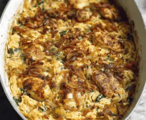 Delicious Monterey Chicken with colorful vegetables and a side of savory orzo on a skillet.