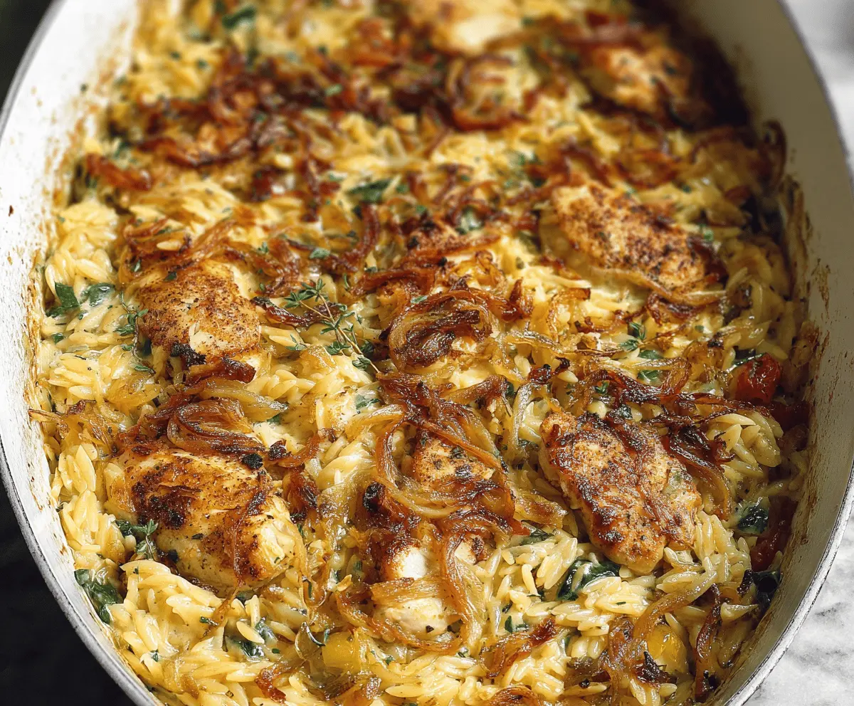 Delicious Monterey Chicken with colorful vegetables and a side of savory orzo on a skillet.