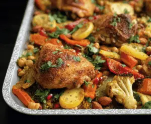 Succulent Moroccan chicken thigh sheet pan dinner with flavorful spices and roasted vegetables.