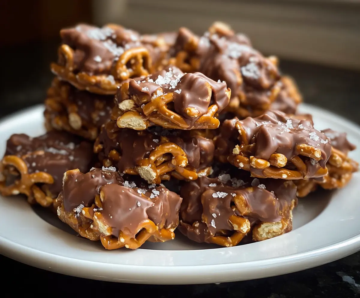 Delicious No-Bake Peanut Butter Pretzel Clusters on a plate with chocolate drizzle