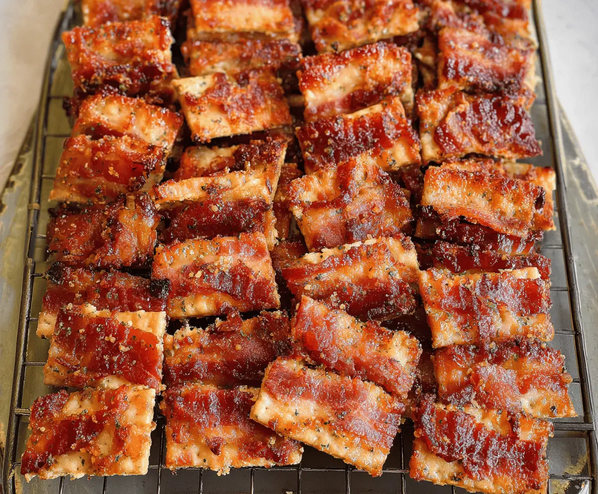 Delicious Parmesan Candied Bacon Crackers arranged on a serving platter perfect for appetizers.