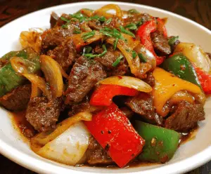 Delicious pepper steak with colorful bell peppers and onions on a skillet.