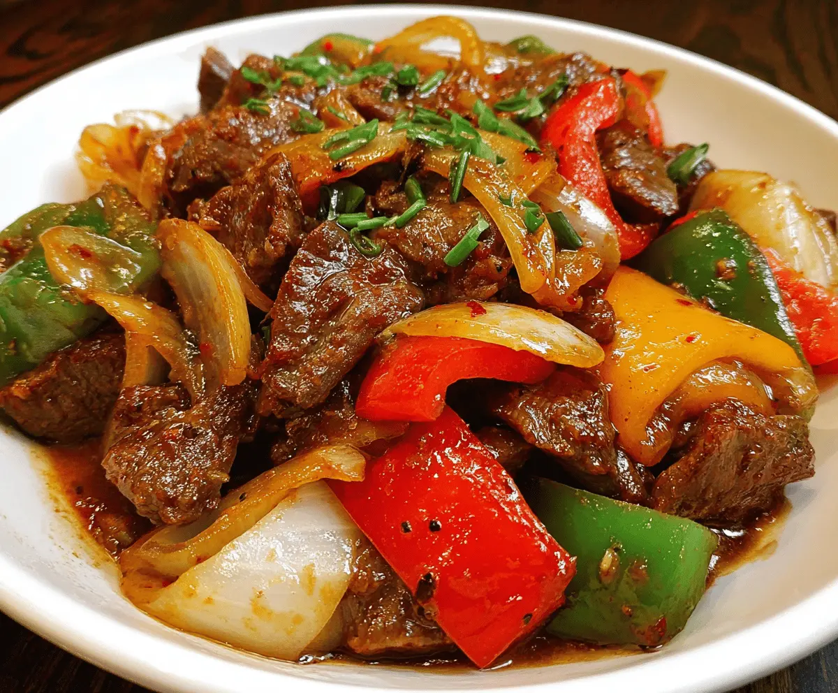 Delicious pepper steak with colorful bell peppers and onions on a skillet.