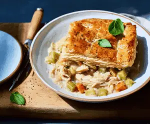Delicious puff pastry chicken and leek casserole served hot with a golden crust