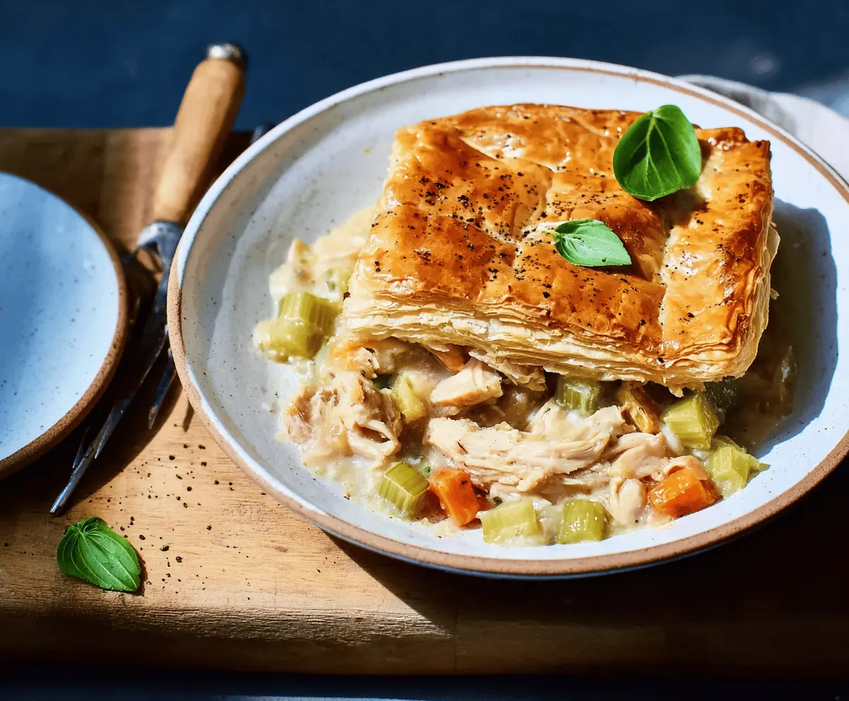 Delicious puff pastry chicken and leek casserole served hot with a golden crust