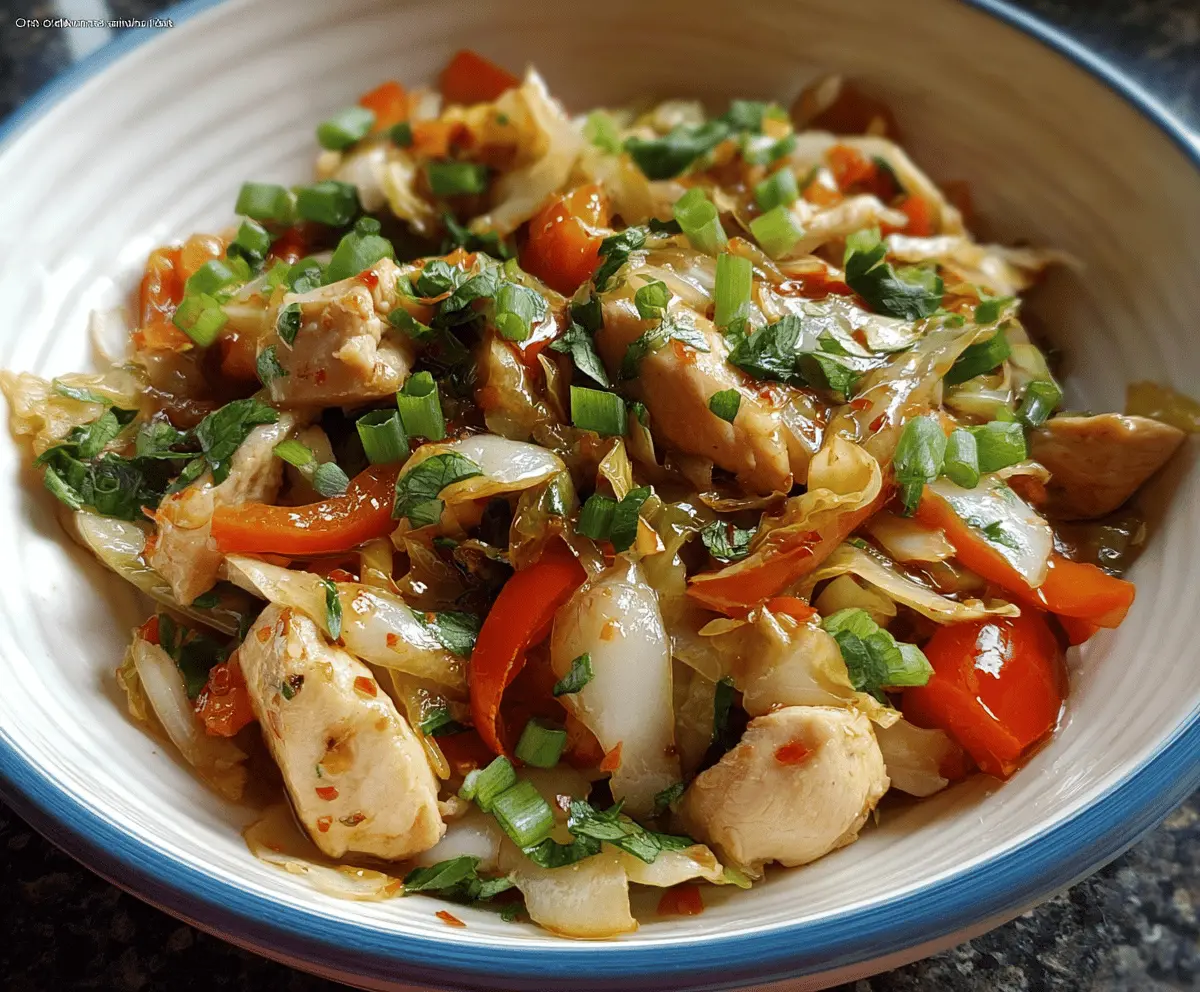 Delicious quick chicken and cabbage stir-fry served in a wok, perfect for a healthy dinner.