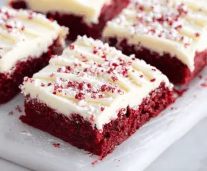 Delicious red velvet cookie bars with cream cheese frosting on a white plate