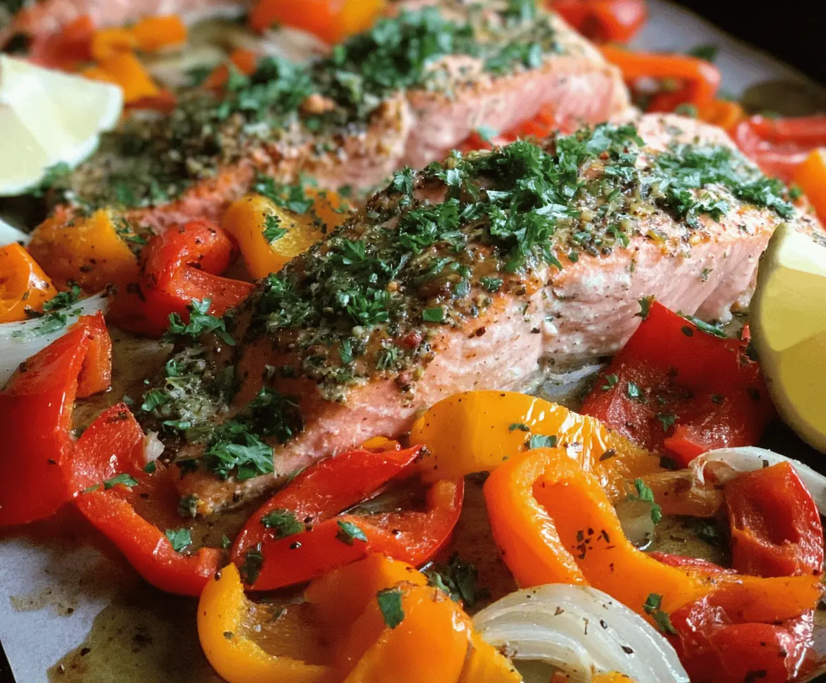 Delicious sheet pan salmon dinner with colorful bell peppers, perfectly baked and ready to serve.