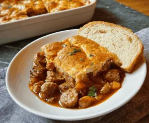 Delicious simple sausage casserole in a baking dish, perfect for family dinners.