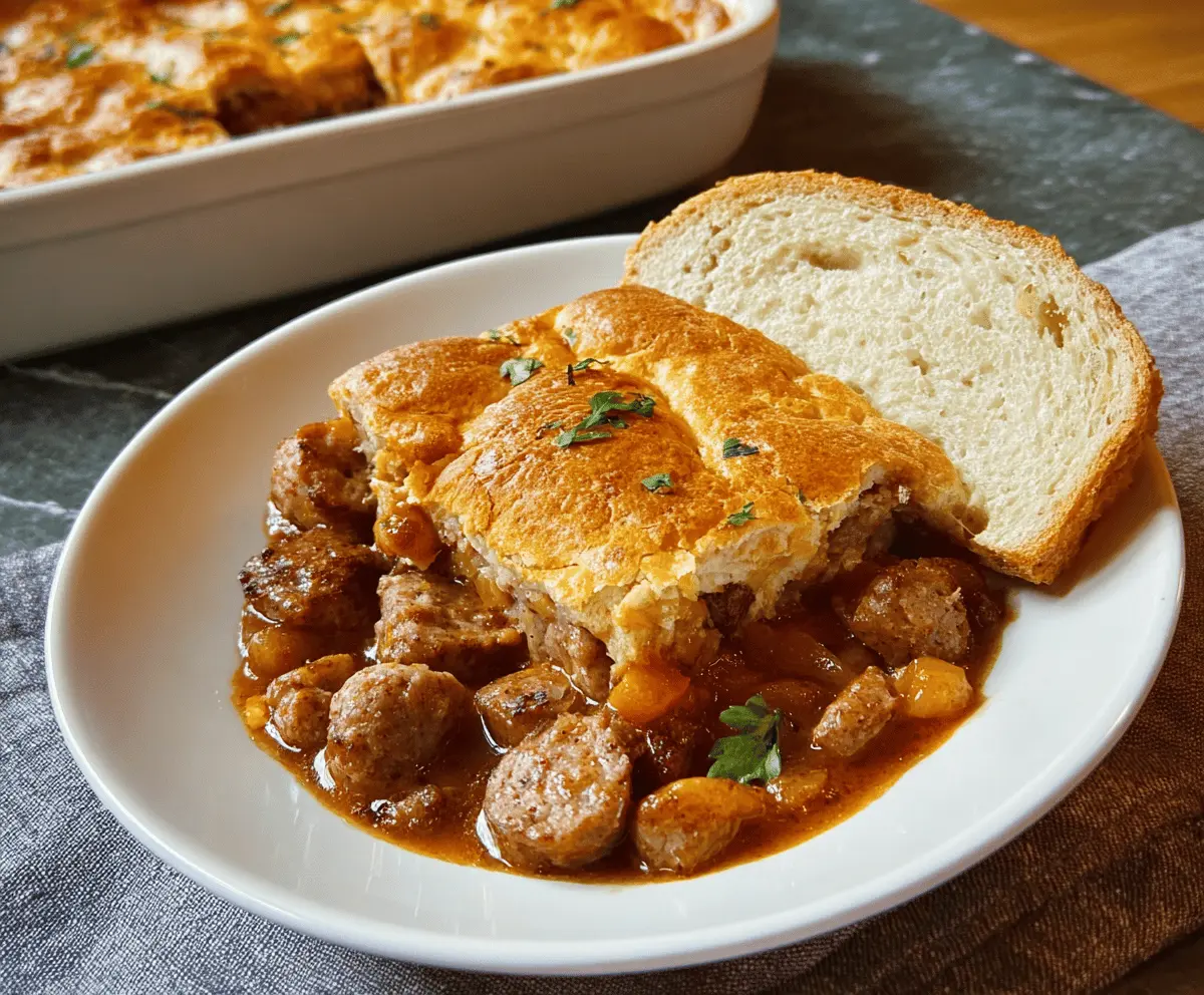 Delicious simple sausage casserole in a baking dish, perfect for family dinners.