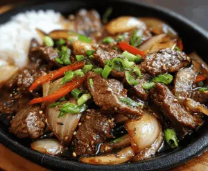 Delicious sizzling Chinese pepper steak with onions served on a plating dish.