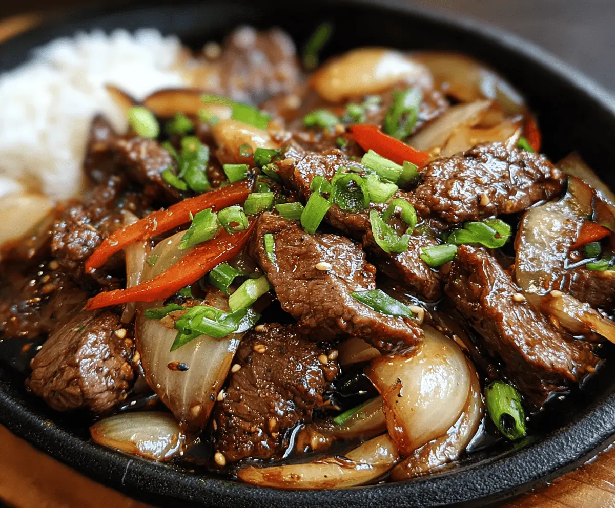 Delicious sizzling Chinese pepper steak with onions served on a plating dish.