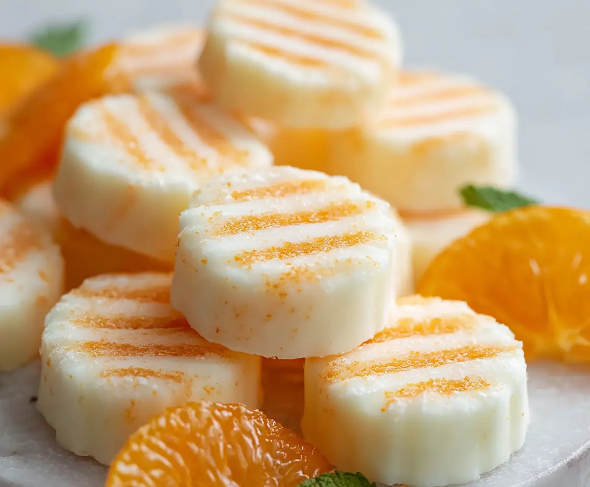 Delicious sweet orange cream cheese mints arranged on a decorative plate for a refreshing treat.