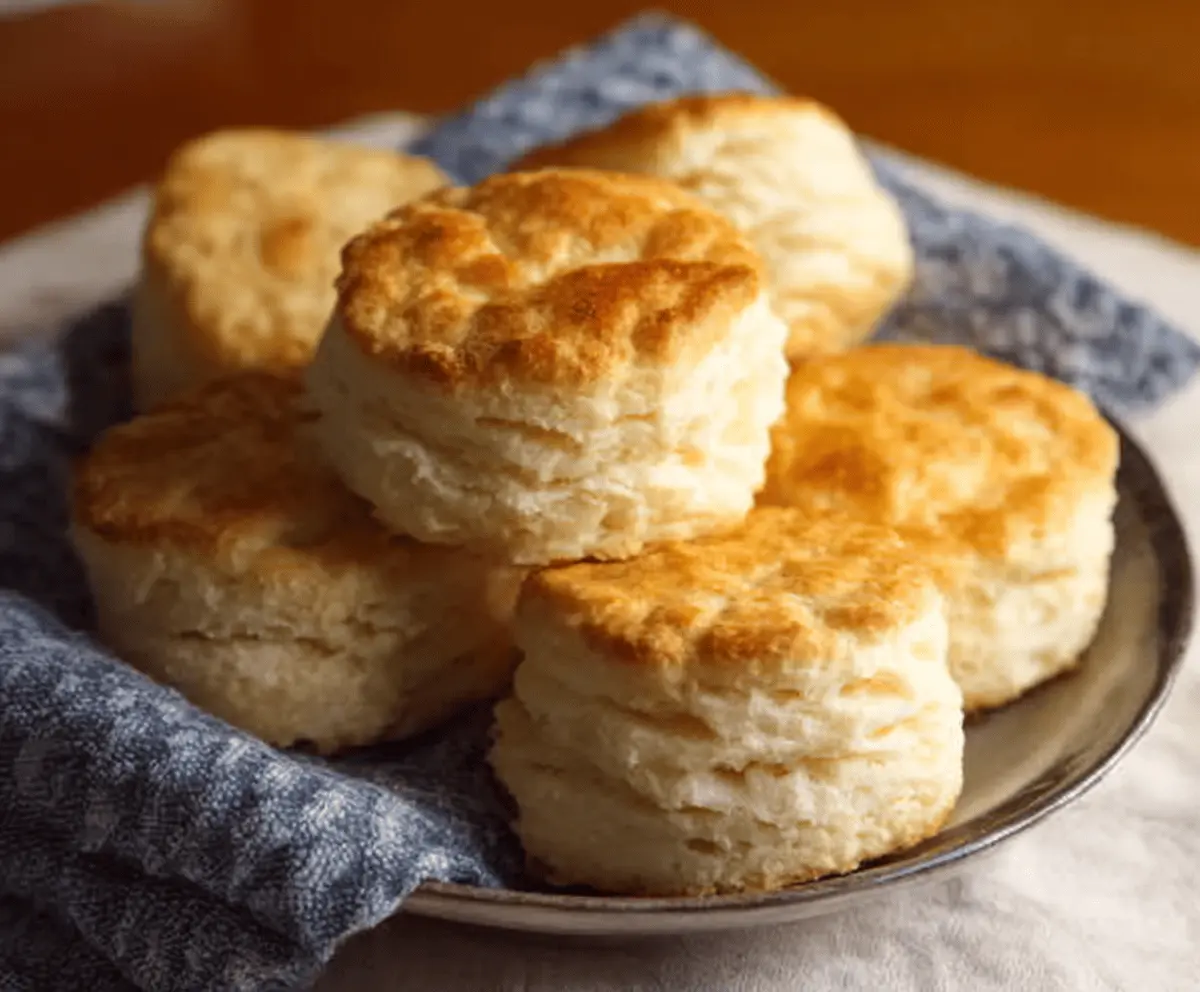 Golden, flaky buttermilk biscuits fresh out of the oven, perfect for breakfast or brunch.
